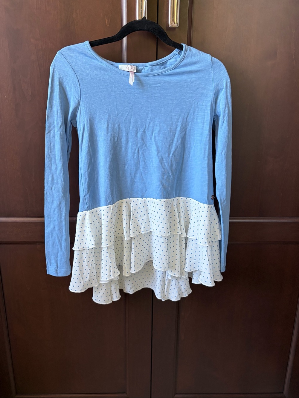 Matilda Jane Light Blue Long Sleeve Top with White Polka-Dot Ruffle Hem